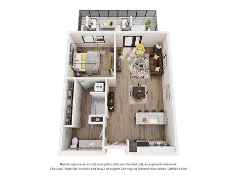 A 3D floor plan of a small apartment with a kitchen, living room, and bedroom.